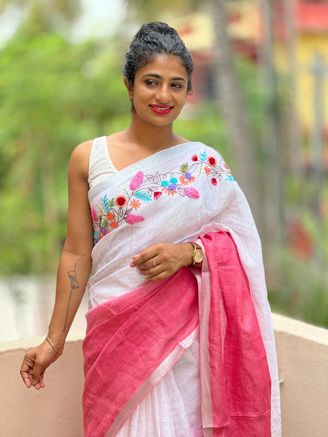 Floral Hand Embroidered Linen Saree | NHH117