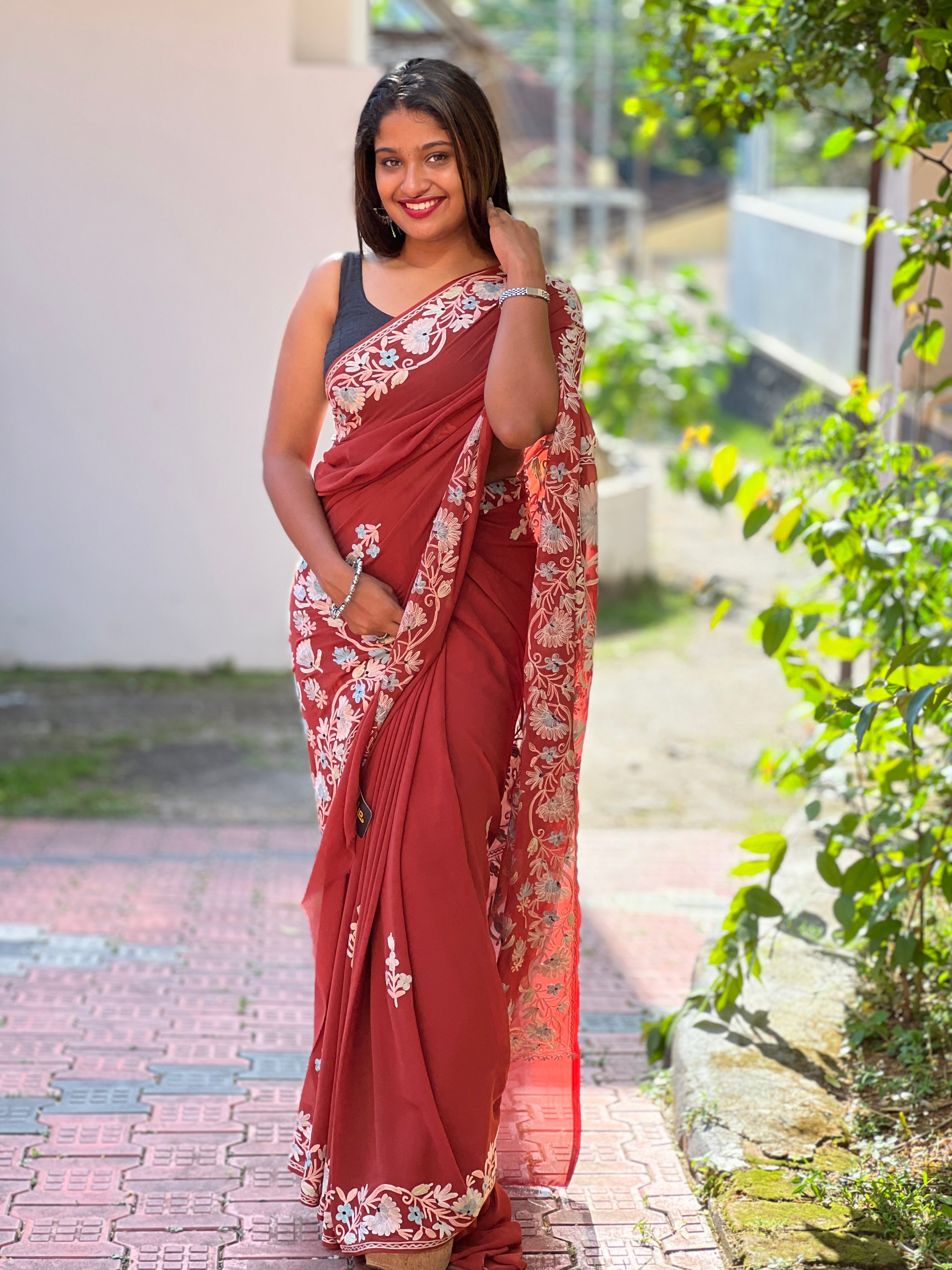 Kashida Inspired Machine Embroidery Georgette Saree  | HK253