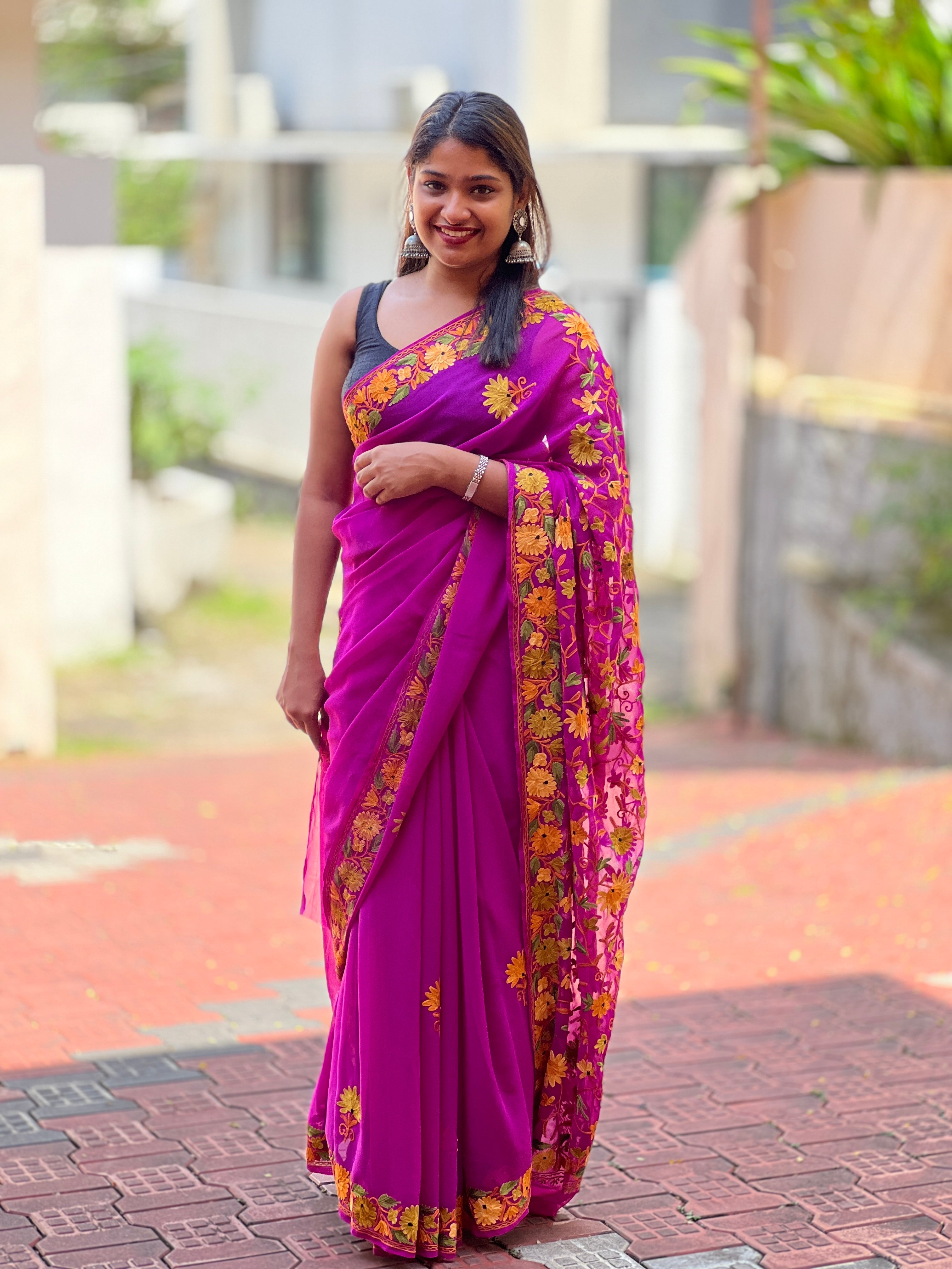 Kashida Inspired Machine Embroidery Georgette Saree  | HK253