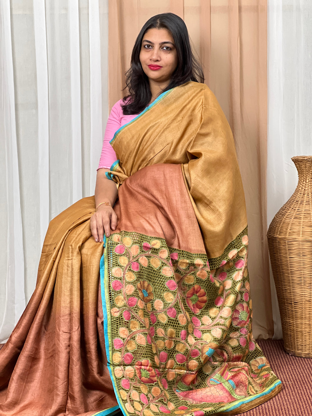 Golden Brown Colored Silk painted Tussar Saree with Cutwork |ARS181