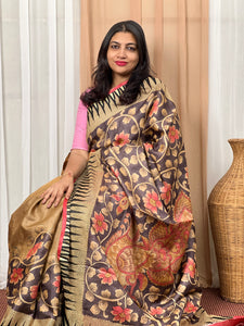 Kalamkari Silk Painted Tussar Saree With Honeycomb Cutwork | ARS190