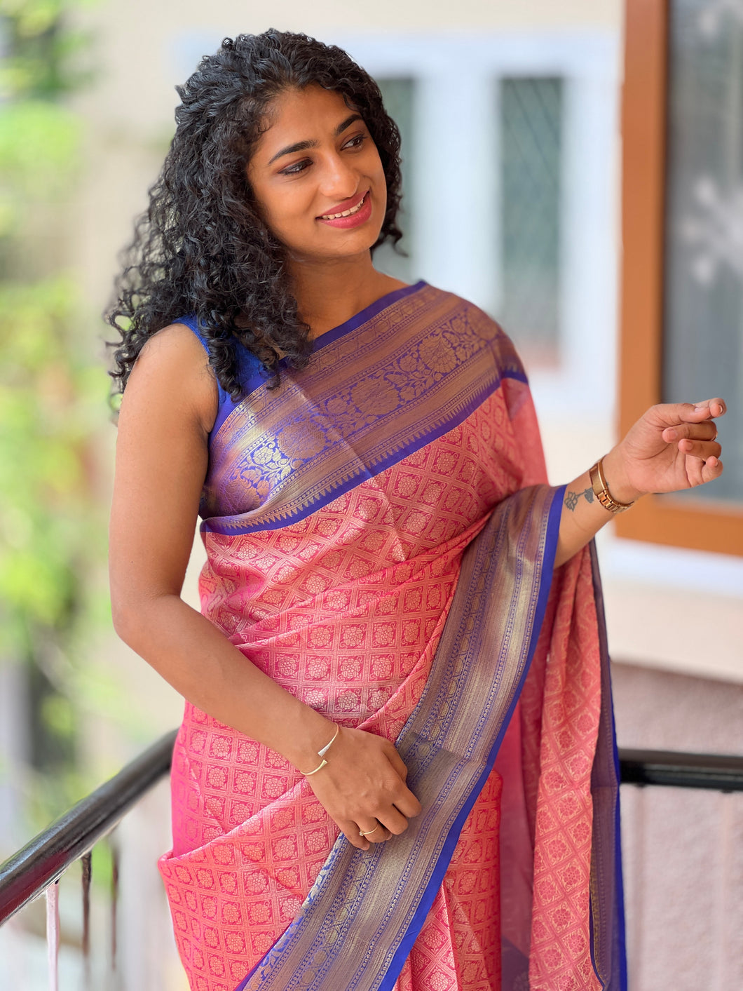 Onion Pink Saree with Blue Quilted Blouse  Aharin by Prasansha