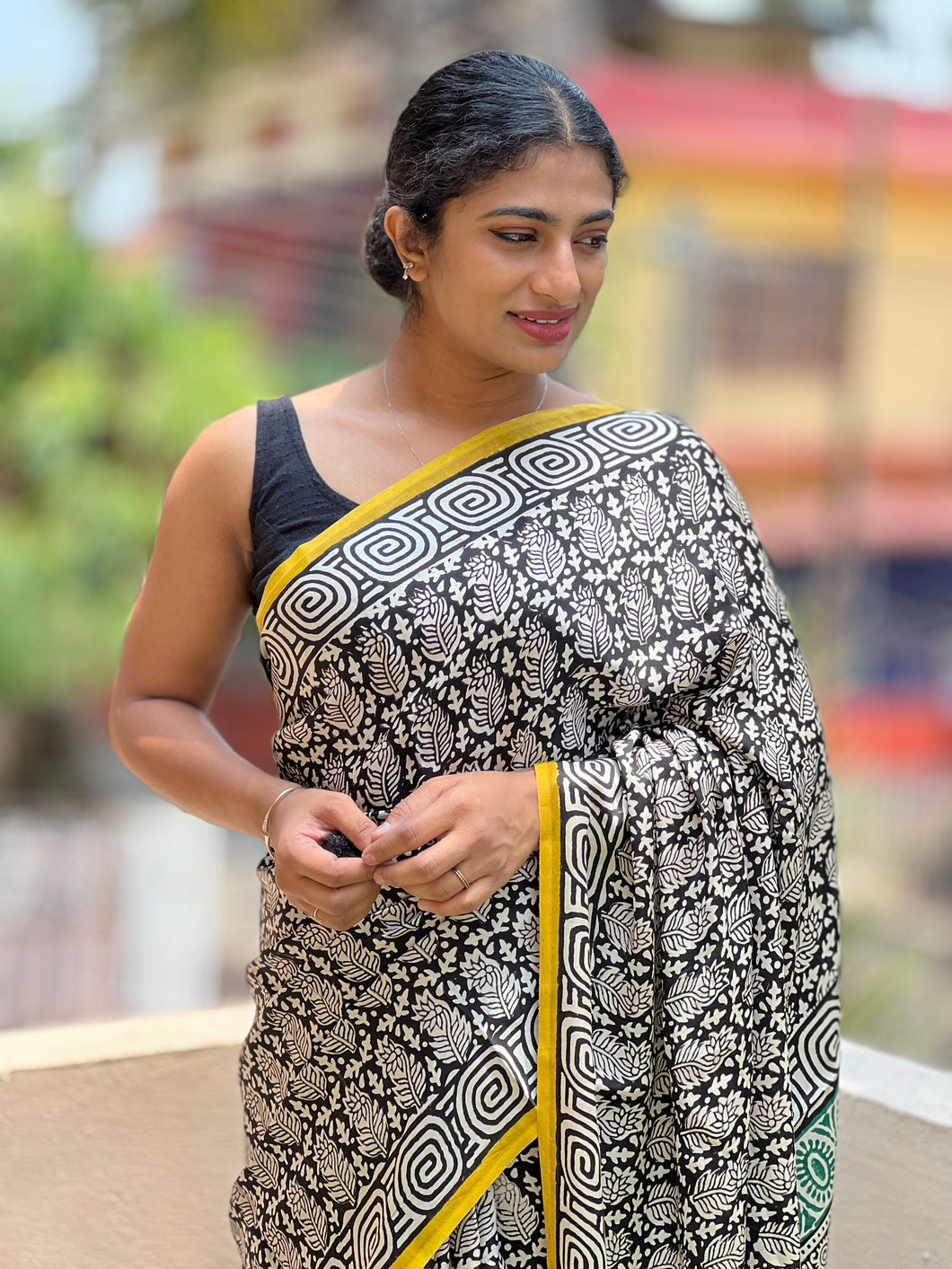 Black Block Printed Modal Silk Saree | VFC304