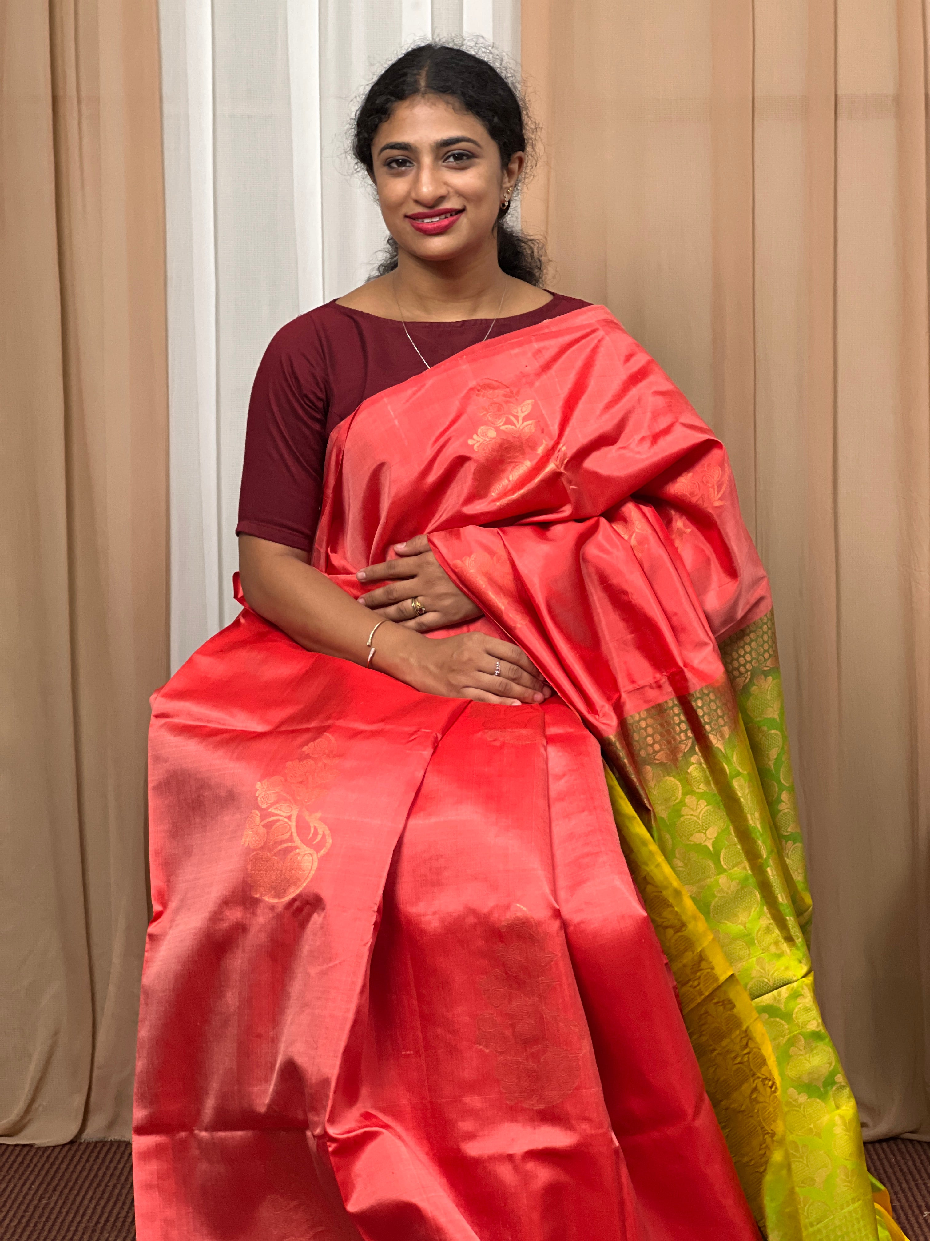 Copper Tone Floral Design Kanchipuram Saree | SRS159