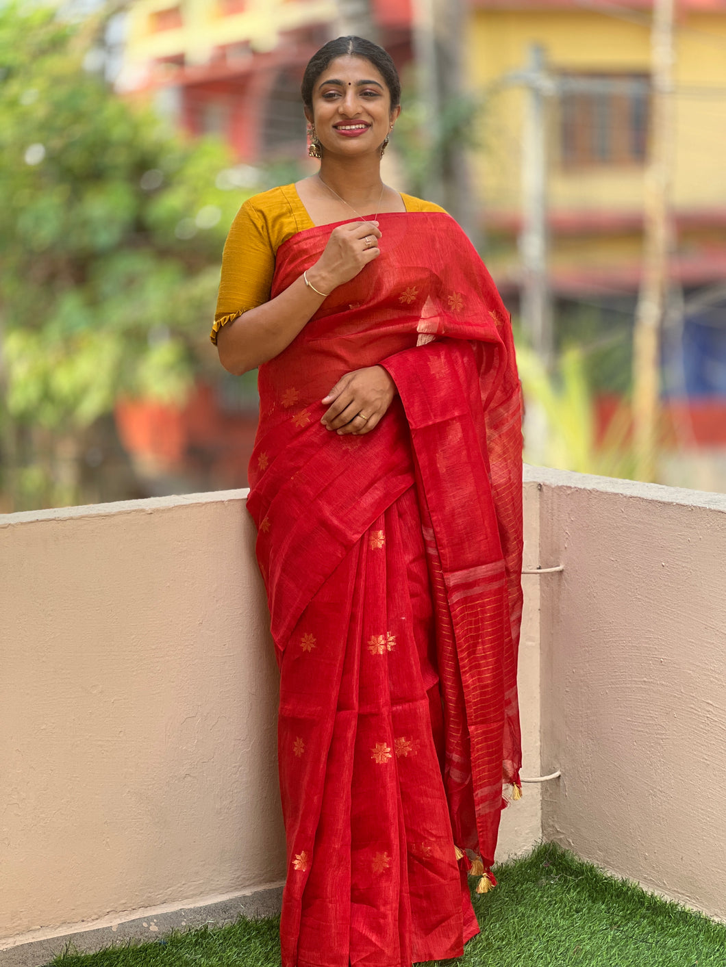 Red Semi-Tussar Finished Saree | SK156