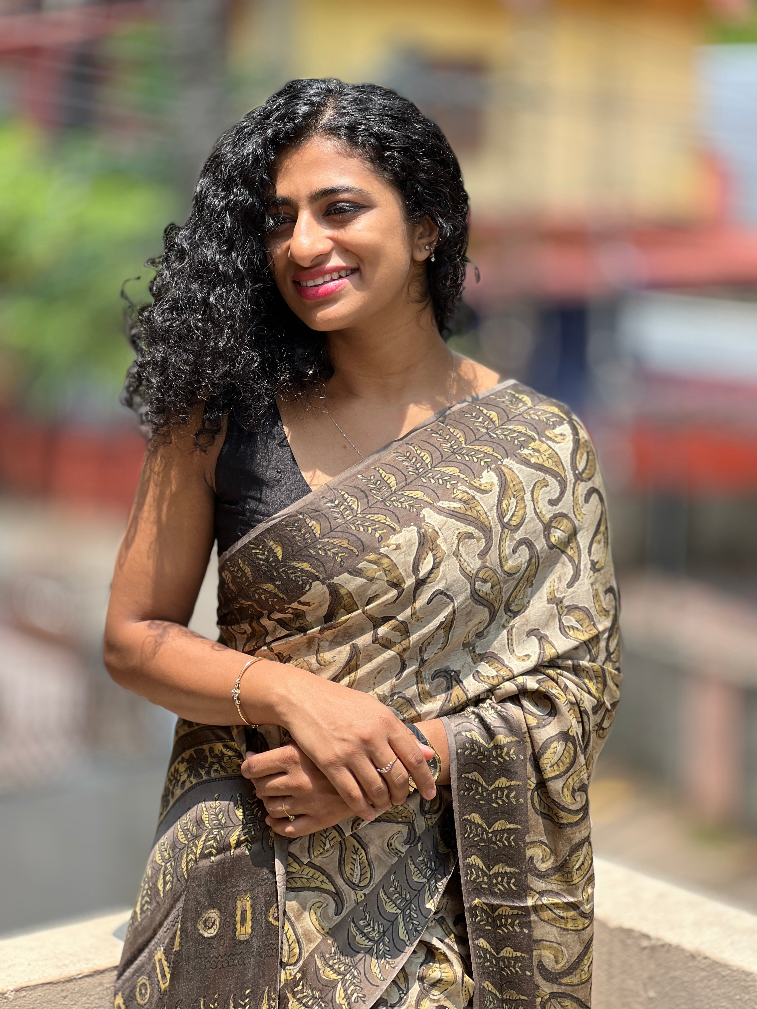 Leaf Paisley Block Printed Modal Silk Saree |  VFC310