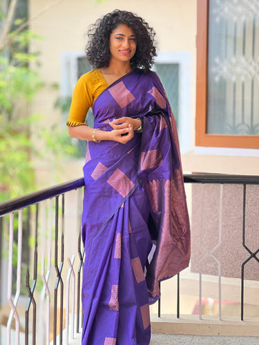 Navy Blue & Violet Copper Zari Weaved Saree | KKP114