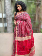 Red Block Printed Semi Organza Saree | ACT902