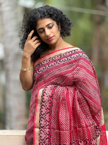 Red Block Printed Semi Organza Saree | ACT902