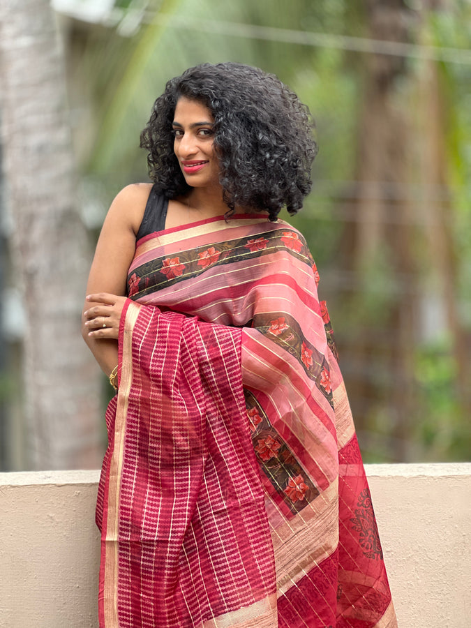 Red Semi Organza Block Printed Saree | ACT896