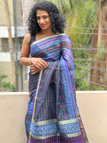 Blue Semi Organza Block Printed Saree | ACT897