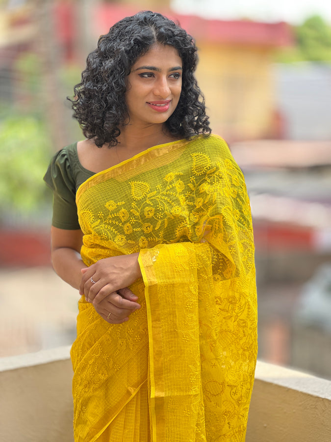 Yellow Kota Doria Embroidered Saree | RK252