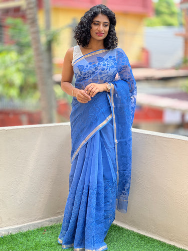 Blue Kota Doria Embroidered Saree | RK246