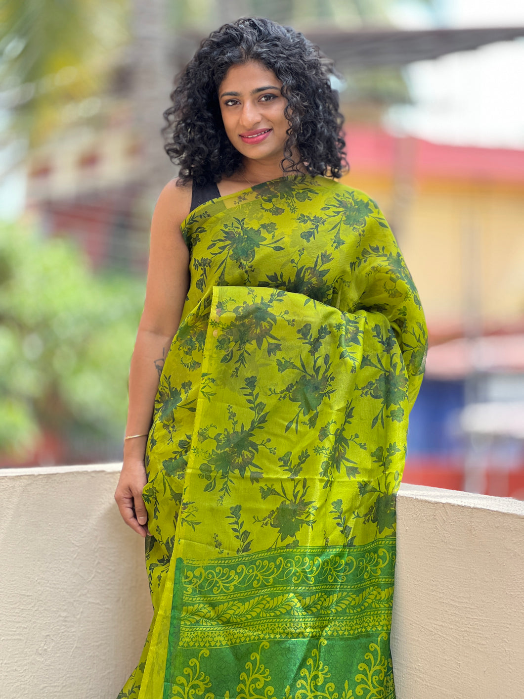 Green  Floral Digital Printed Organza Saree | ACT903