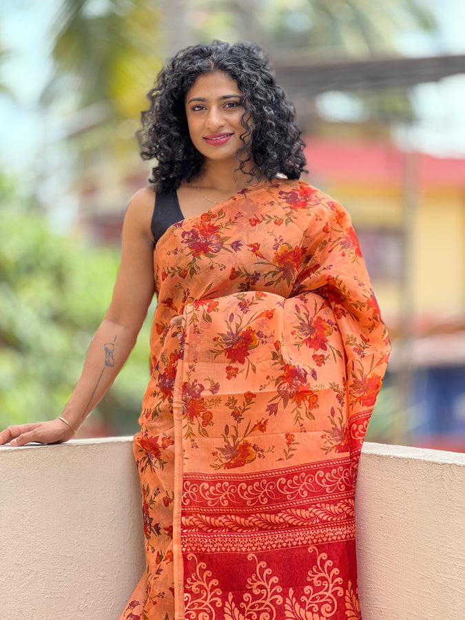 Peach Floral Printed Organza Saree | ACT904