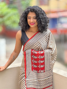 Block-Printed Modal Silk Saree With Vertical Line Designs | VFC298