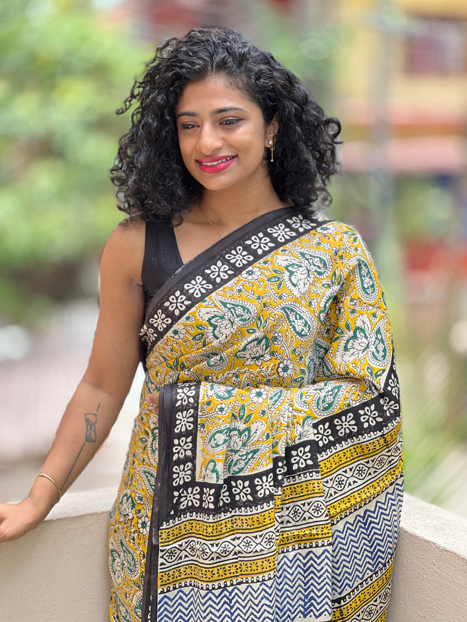 Yellow Block-Printed Modal Silk Saree  | VFC306