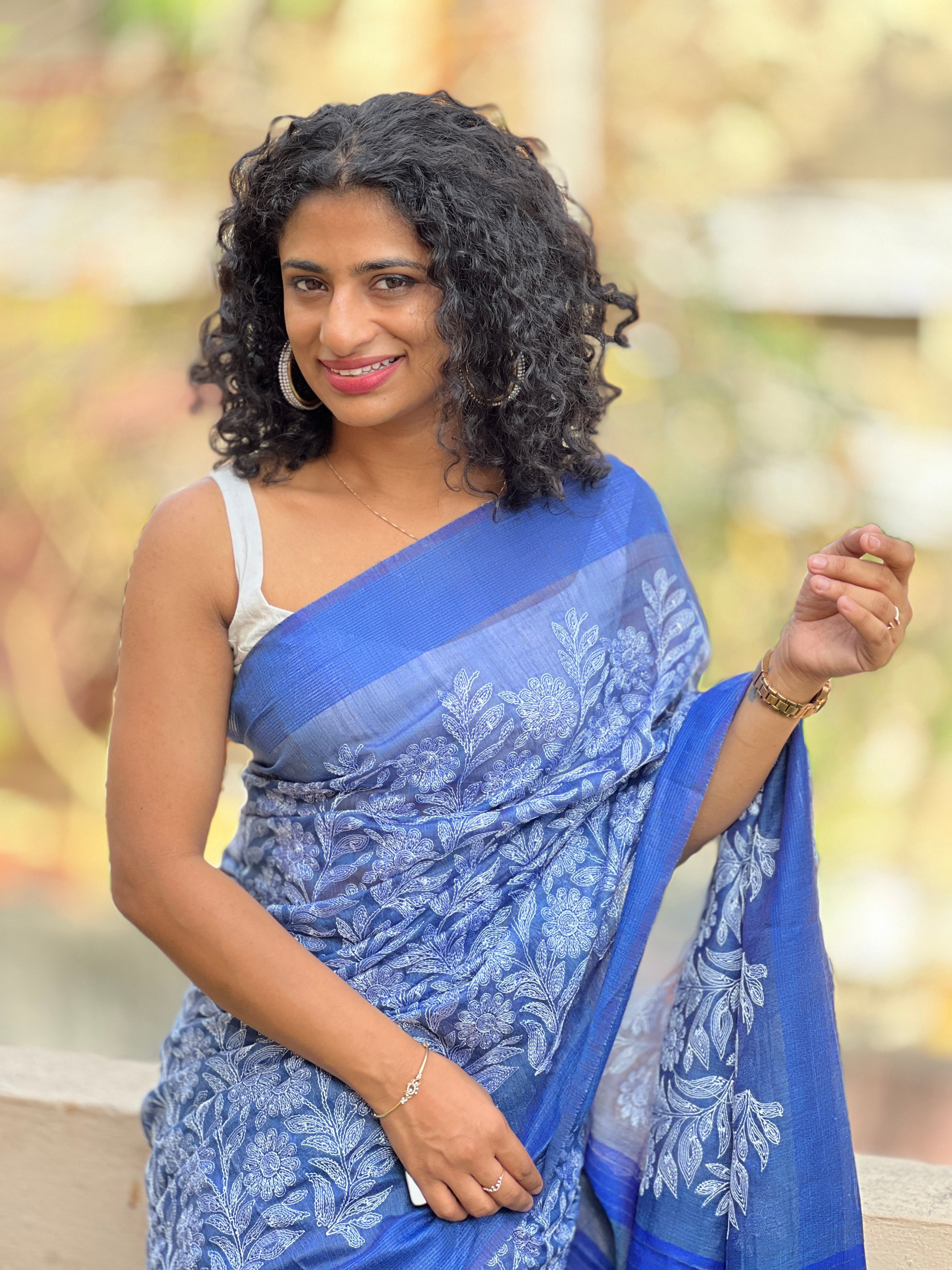 Embroidered Bhagalpuri Linen Saree| NHH121
