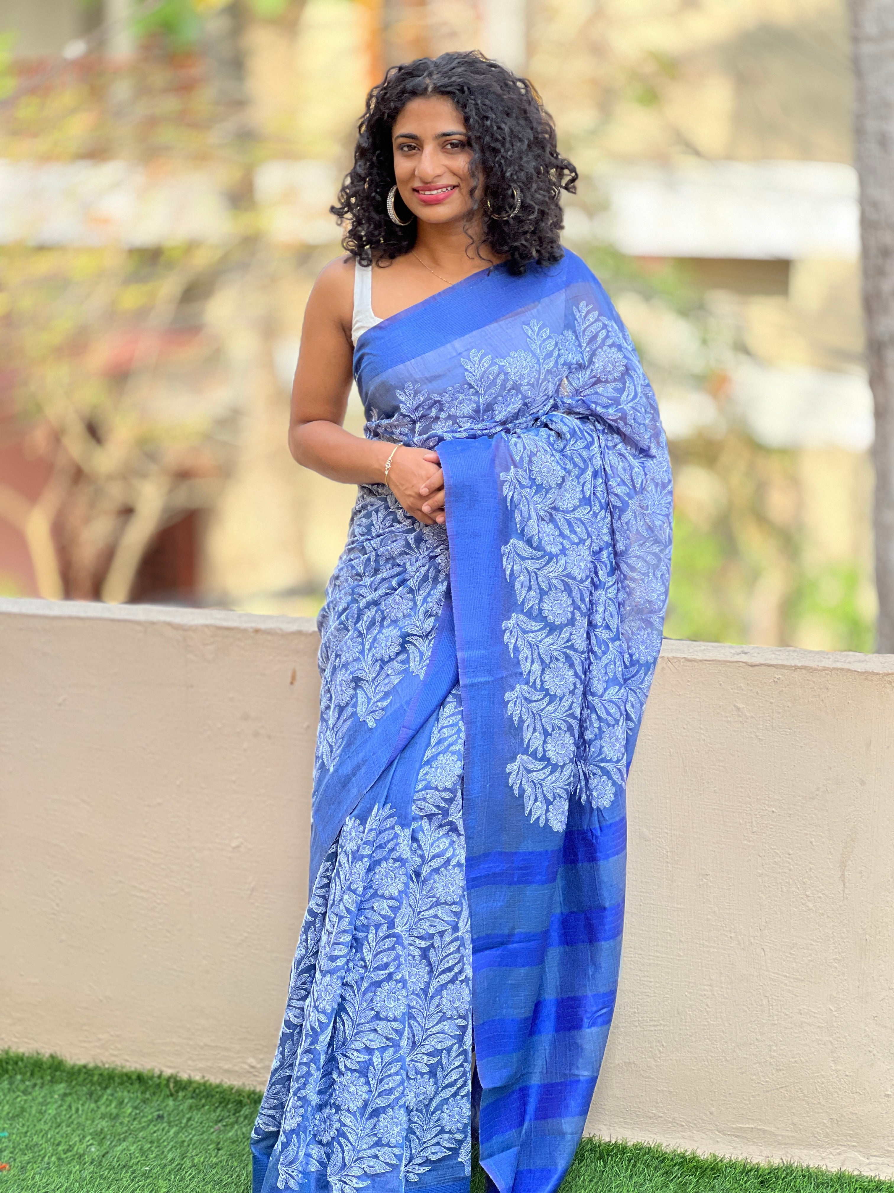 Embroidered Bhagalpuri Linen Saree| NHH121