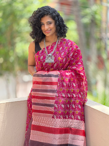 Magenta Pink Screen Printed Organza Saree | ACT918