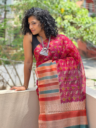 Pink & Orange Screen Printed Organza Saree | ACT921