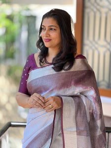 Silver Tissue Linen Weaved Saree | SKH116