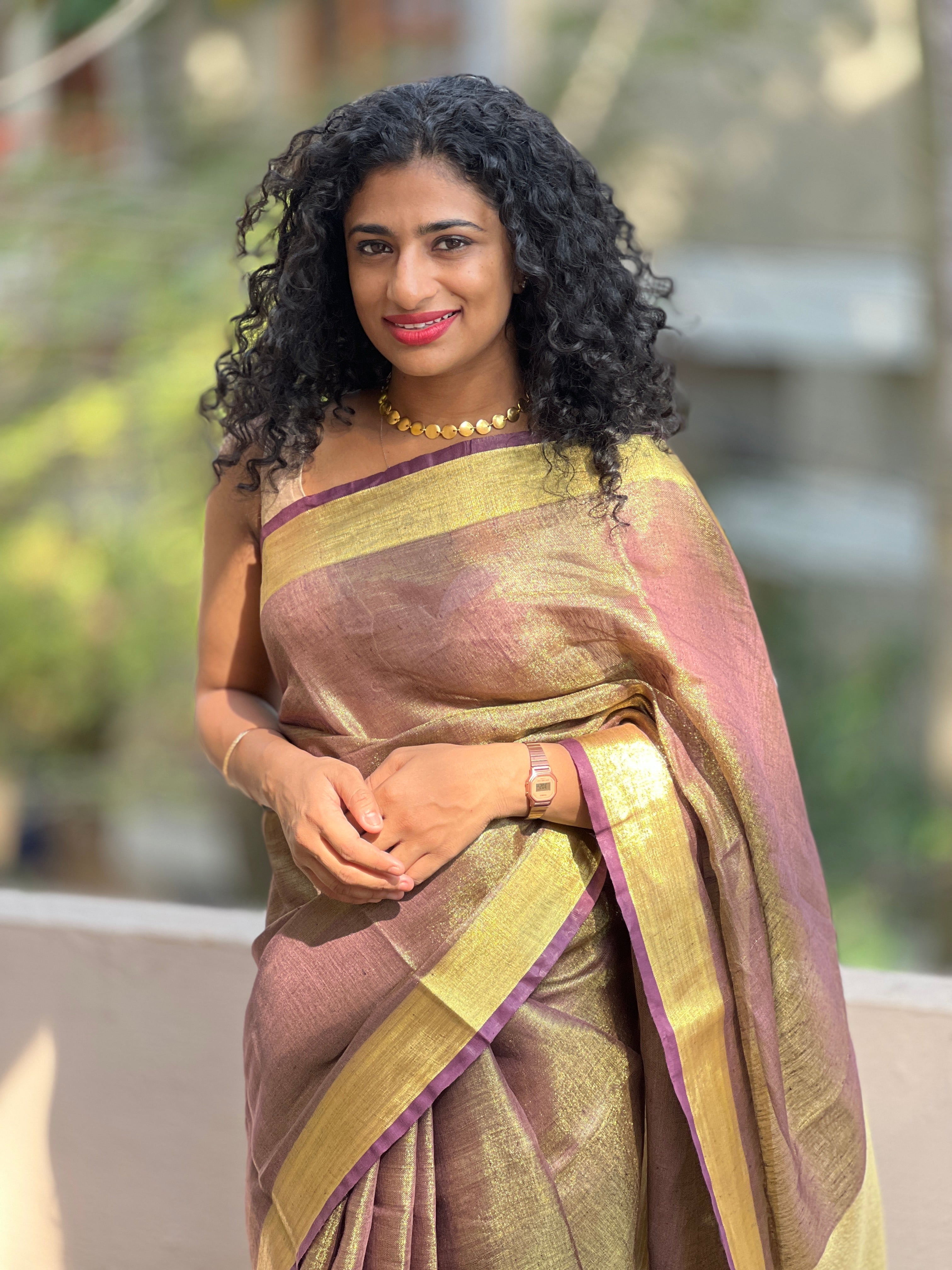 Golden Tissue Linen Finished Saree | SKH120