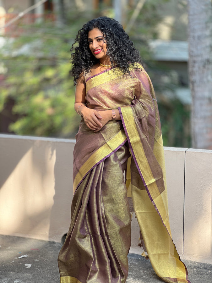 Golden Tissue Linen Finished Saree | SKH120