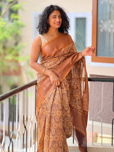 Beige Screen Printed Chanderi Saree With Banarasi Border | NF102