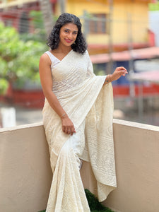 Off-White Lucknowi Embroidered Georgette Saree | ARS329