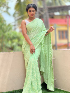 Pastel Green Lucknowi Embroidered Georgette Saree | ARS330