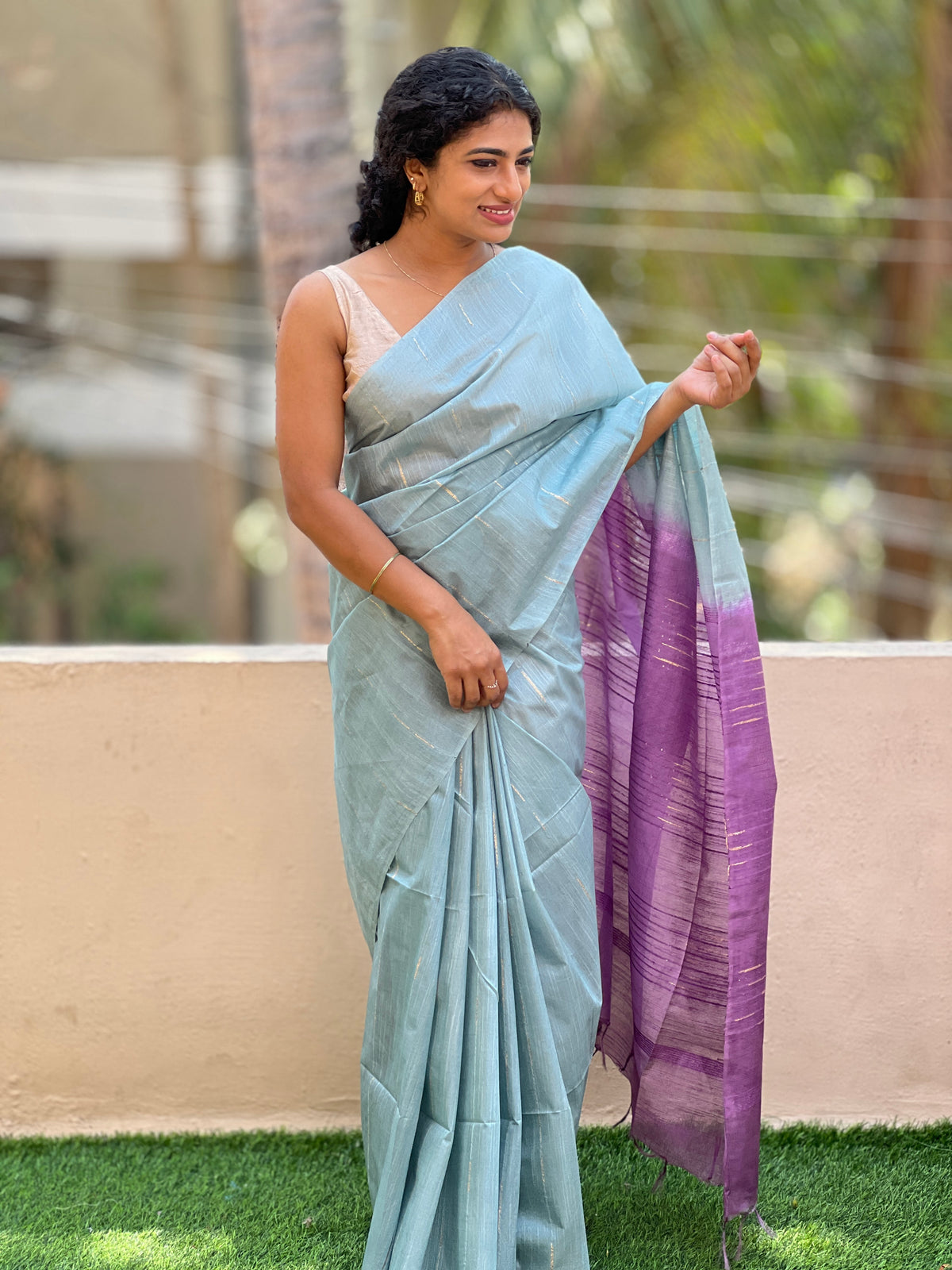Teal Blue Tussar Finished Bhagalpuri Slub Saree | DLS116