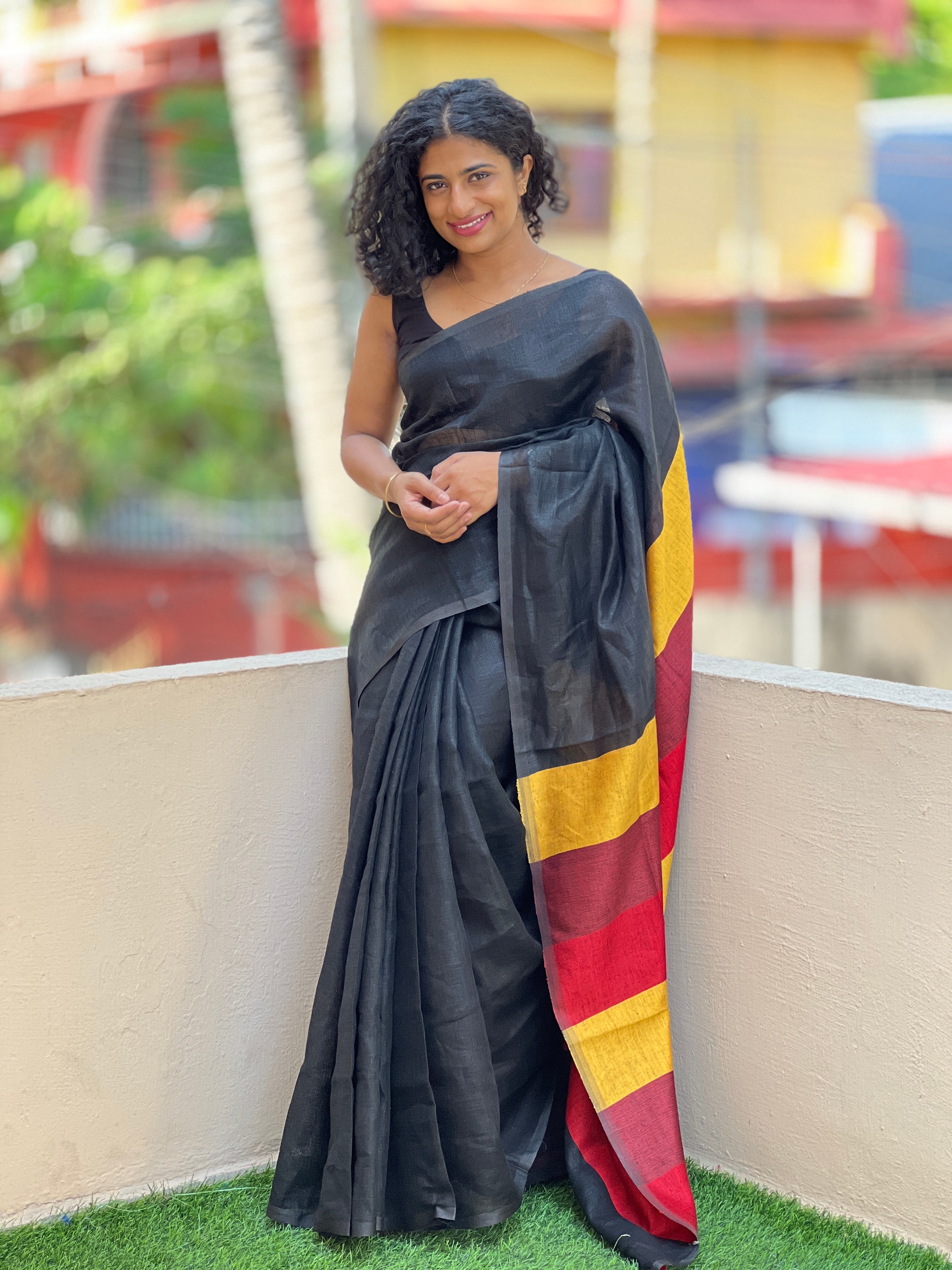 Black Bhagalpuri Linen Saree With Contrast Pallu | DLS109