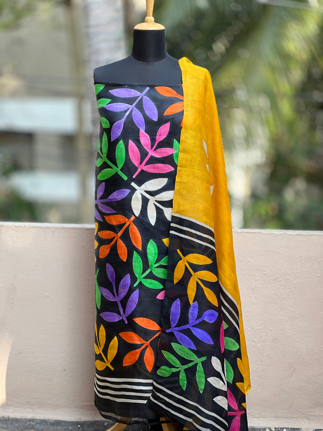 Yellow and black Color Combination Hand Painted Bishnupuri Silk Salwar Set | MO116