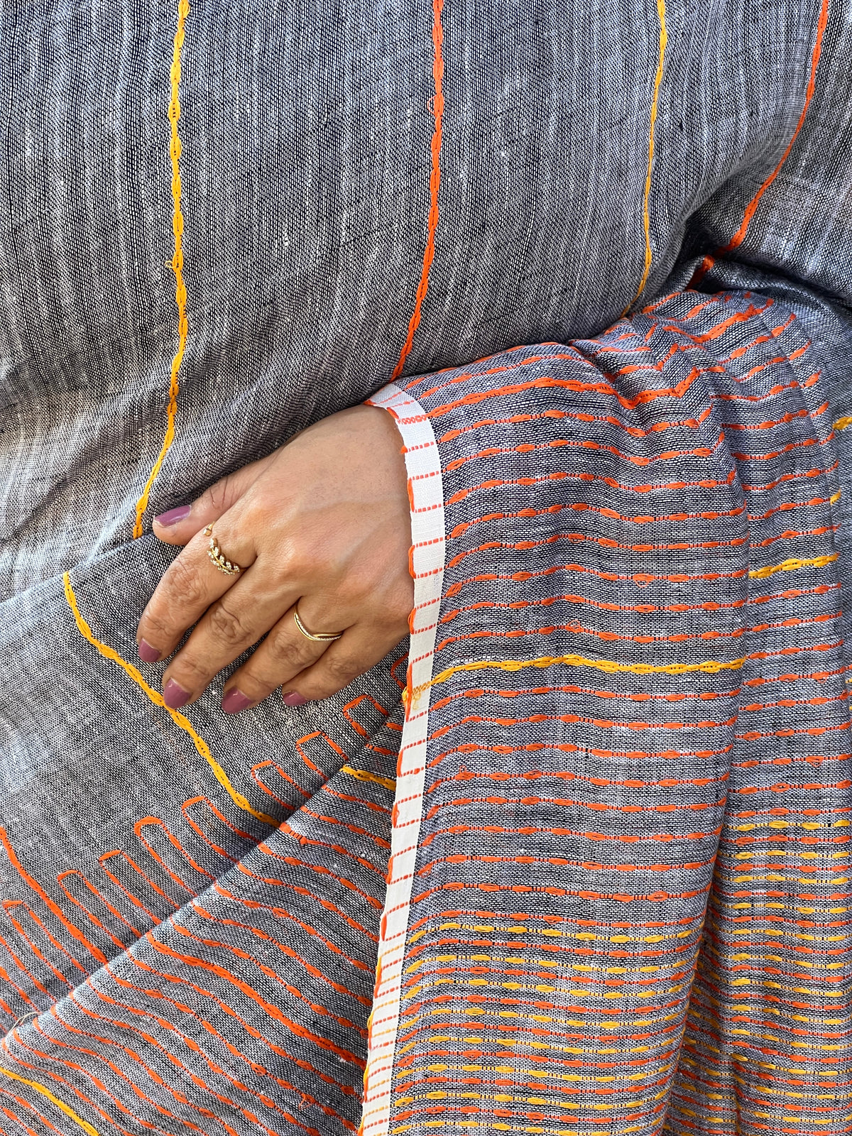 Kantha Weave Patterned Pure Linen Sarees | SK101