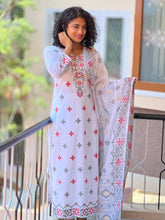 Red & Grey Cotton Salwar Set With Weave Designs | RA102