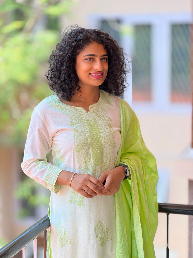 Leaf Green Cotton Kurta Set With Weave Designs | RA105