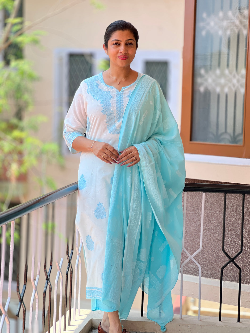 Blue Cotton Salwar Set With Weave Designs | RA106