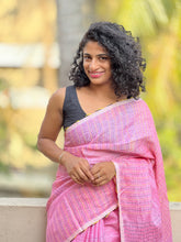 Pink Kantha Weave Thread Embroidered Linen Saree | NHH115