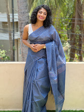 Navy Blue Bhagalpuri Linen Sarees With Kesiya Weaving Pattern | DLS120