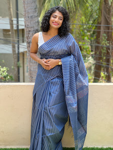 Navy Blue Bhagalpuri Linen Sarees With Kesiya Weaving Pattern | DLS120