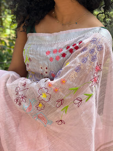 Hand Embroidered Linen Saree with Silver Zari Border | SK114