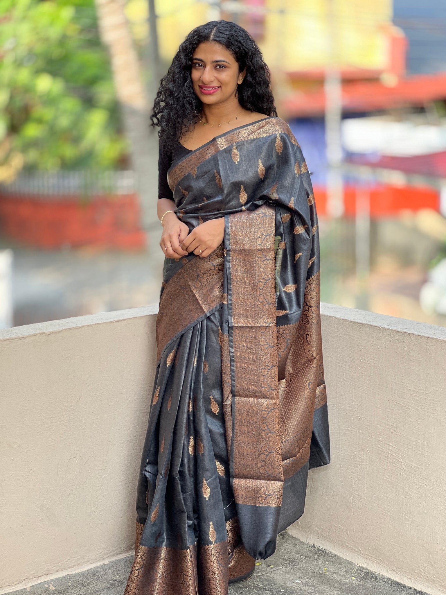 Exclusive Pure Tussar Banarasi Silk Saree In Blue And Rani Blouse