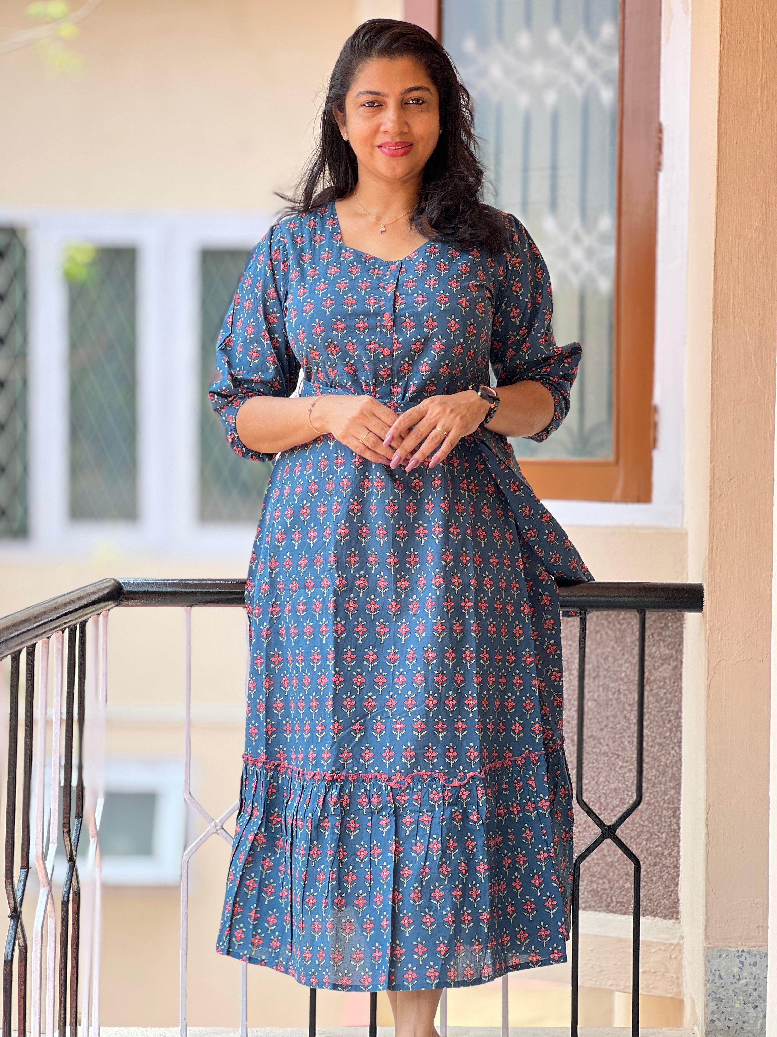 Printed Cotton Blue Gathered Dress | YFT141