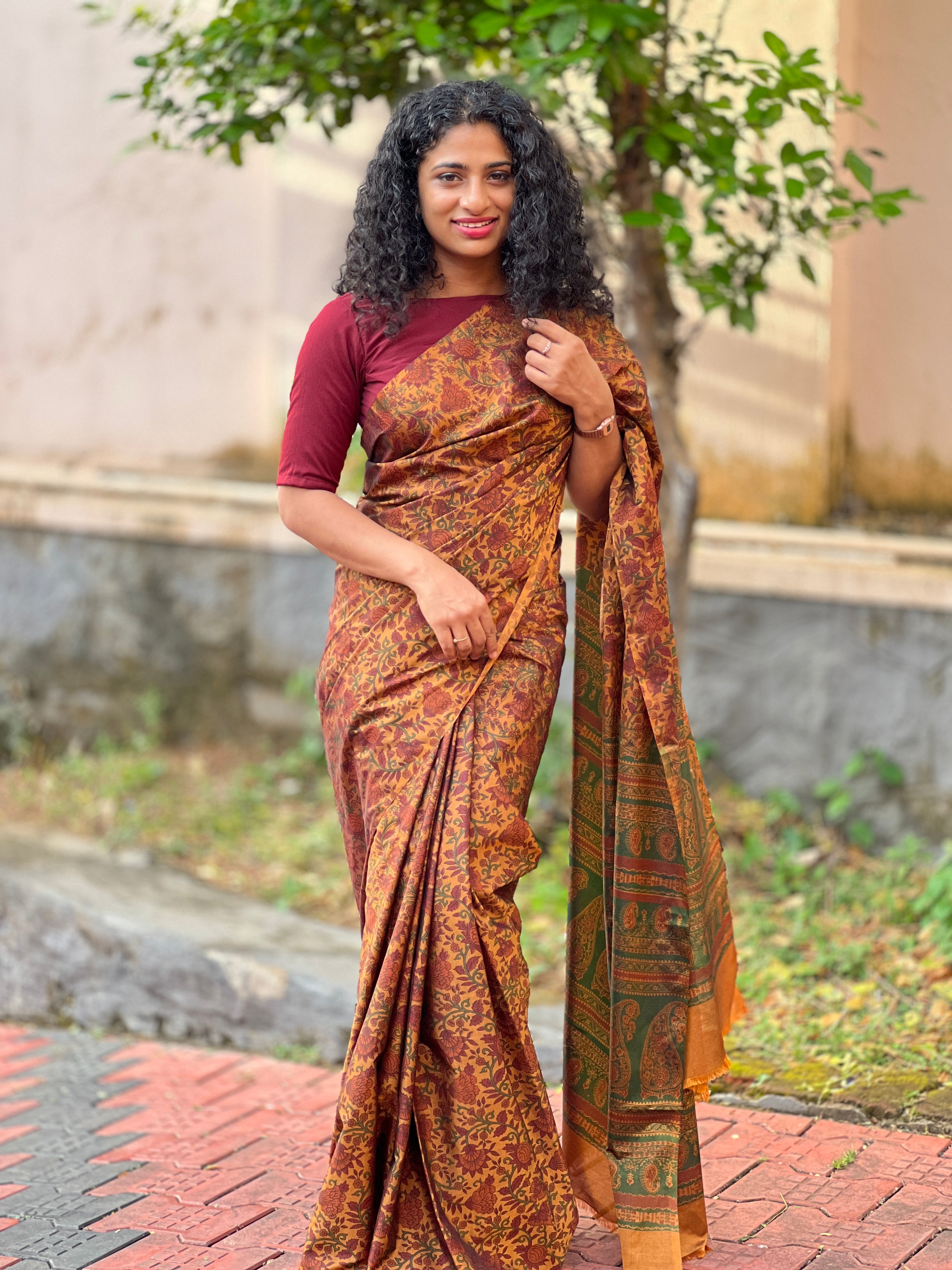 Kalamkari Pattern Screen Printed Semi Silk Sarees | ACSN102