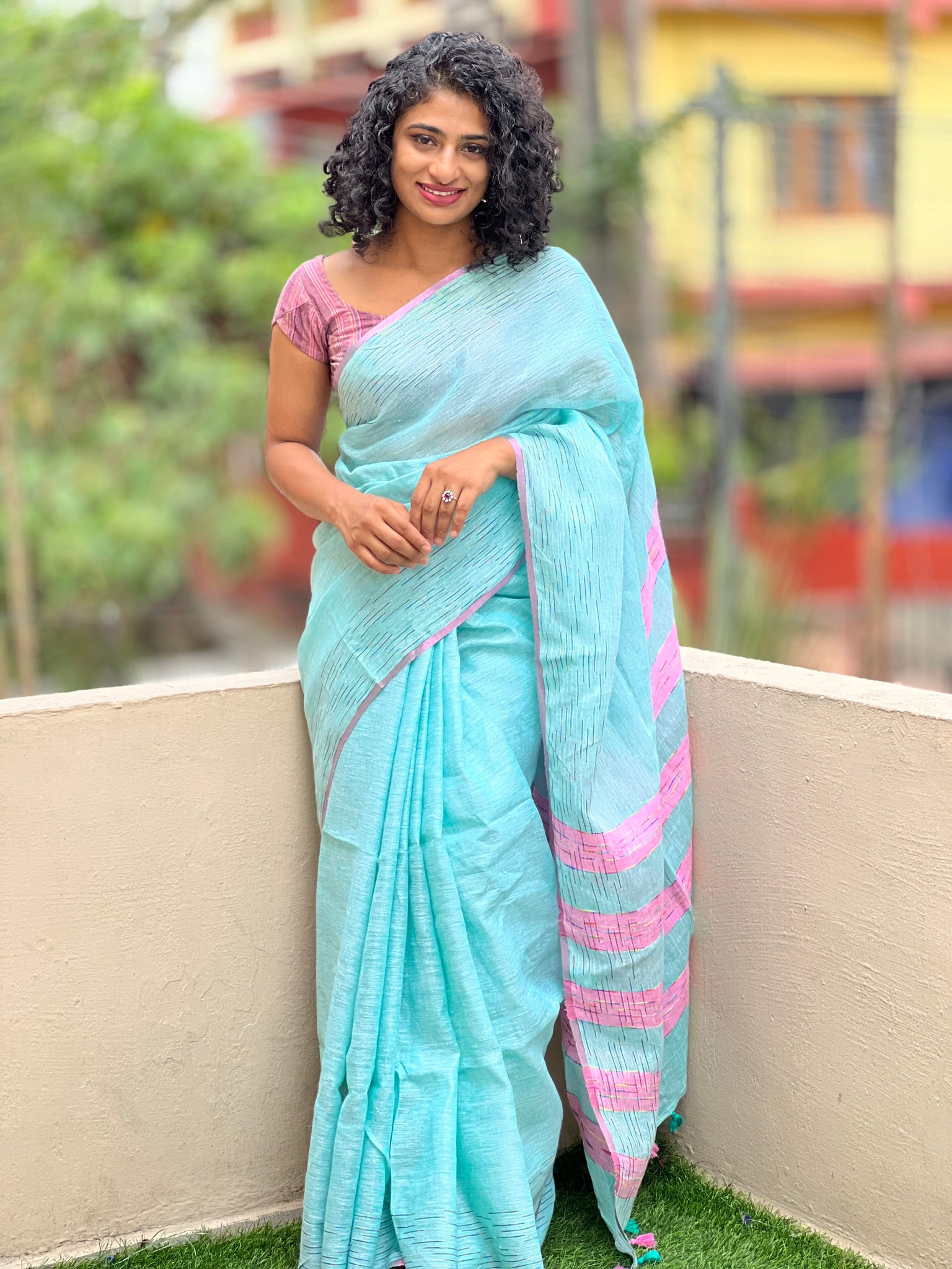 Powder Blue Linen Saree – StylebyPanaaash