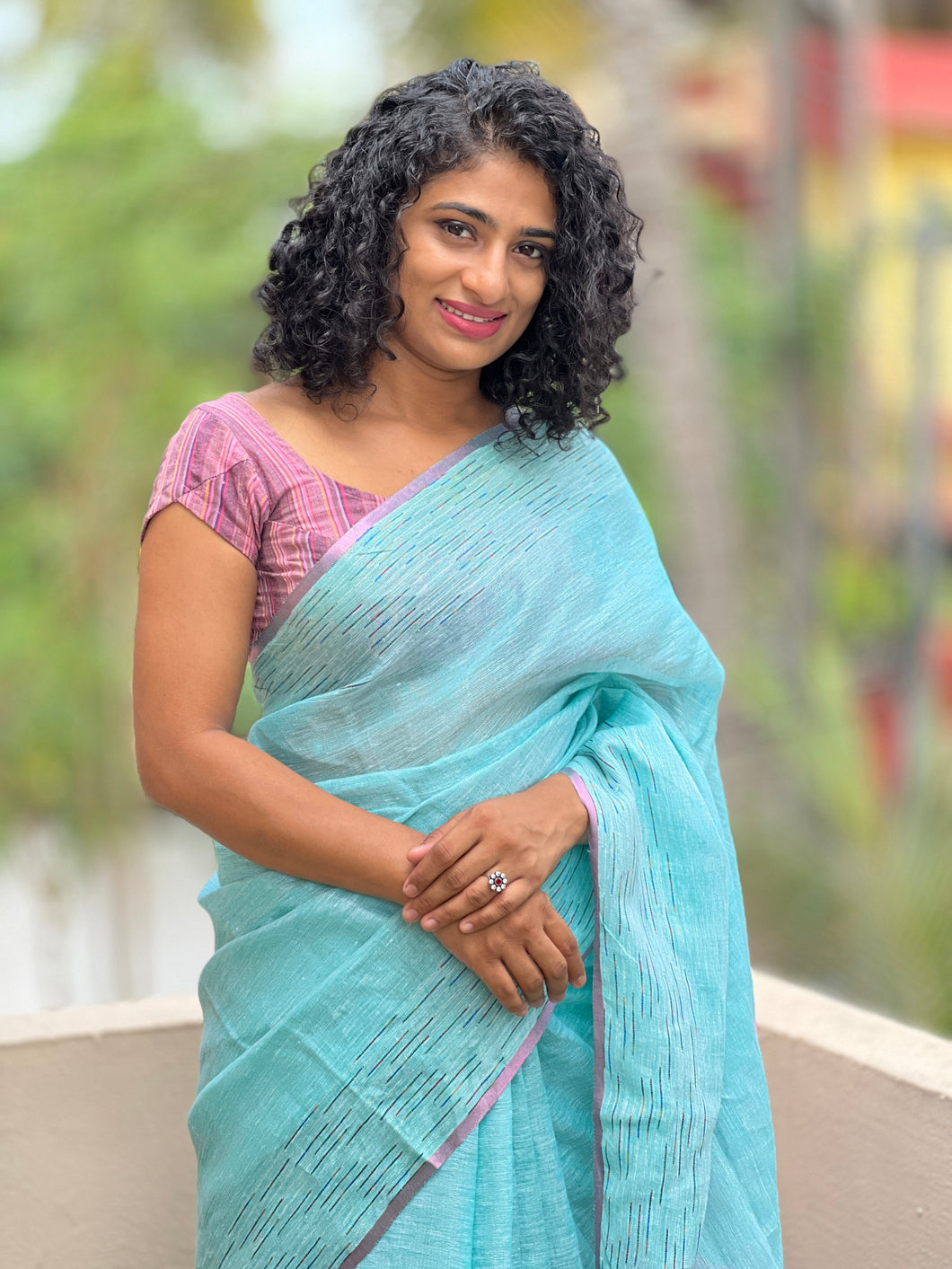 Blue Linen Saree With Kesiya Weaving Pattern | DLS101