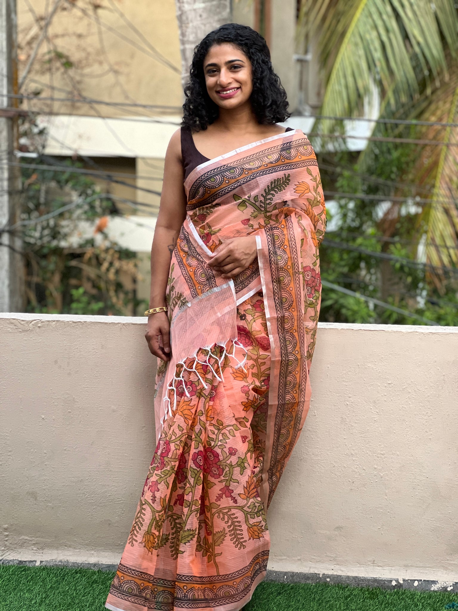 LIGHT GREEN and PINK FLORALS KOTA Saree with FANCY