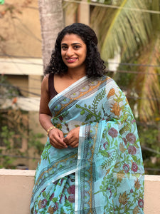 Blue Kalamkari Screen-Printed Kota Saree | RK257