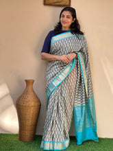 Grey & Blue Color Modal Finished Chanderi Saree With Banarasi Border | ARS203